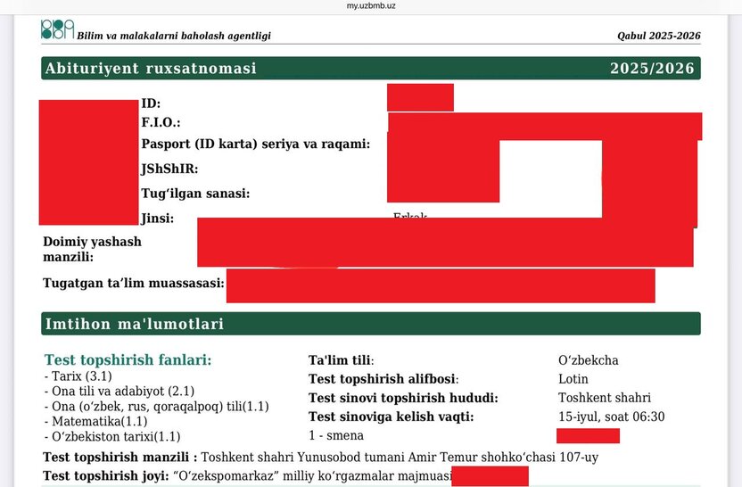 Nega ruxsatnomada test vaqti 6:30 va 13:30 deb yozilgan?